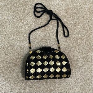 Inge Christopher Vintage Black and Gold beaded Crossbody Bag